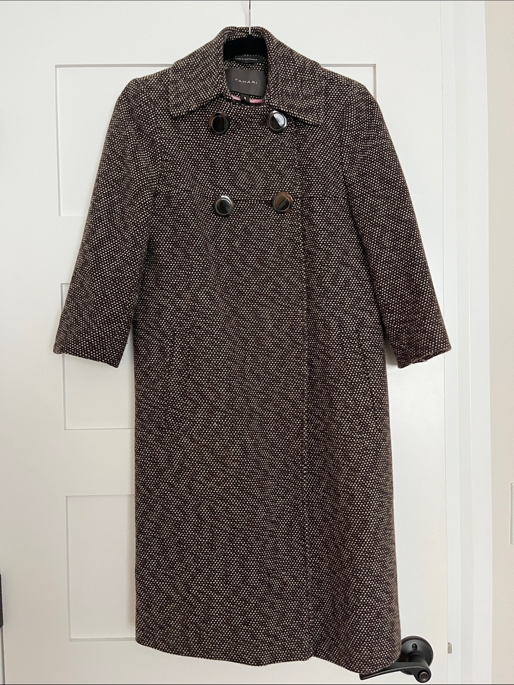 Tahari Brown Tweed Wool Blend Double-Breasted 3/4 Sleeve Dress Coat
